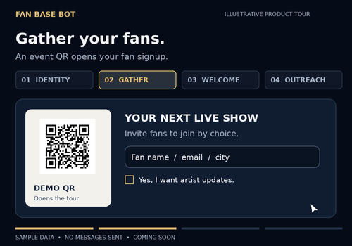 Illustrative Fan Base Bot event QR and fan opt-in preview. Sample request pending confirmation; QR opens the product tour.