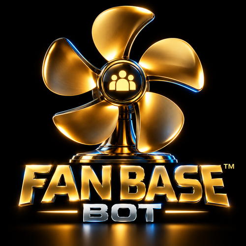 Fan Base Bot with an open gold fan, community emblem and FAN BASE BOT wordmark on black