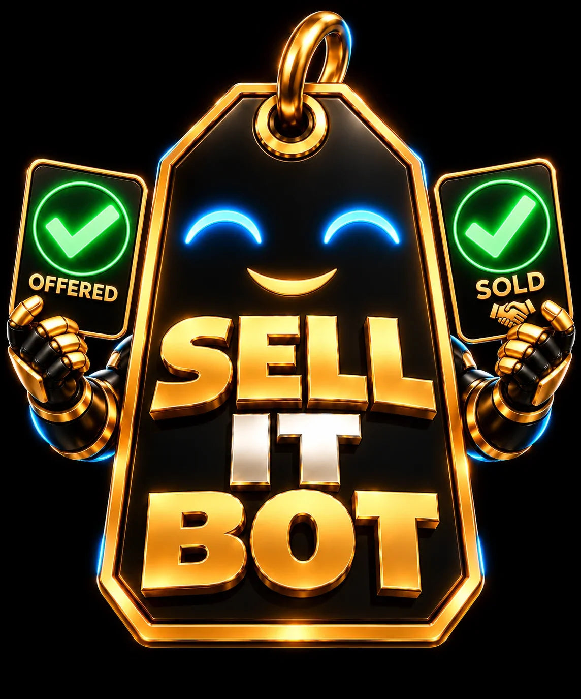 Sell It Bot official gold-on-black tag character with Offered and Sold checks